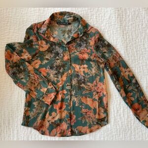 Zara Basics slinky Floral Blouse green coral XS